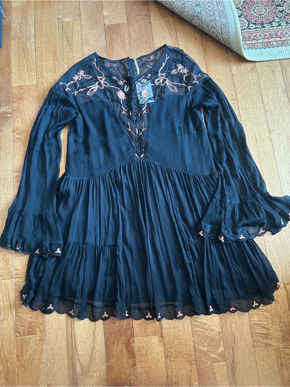 NWT Free People Panama City Mini Dress Tunic Sheer Embroidered Bell Sleeves
